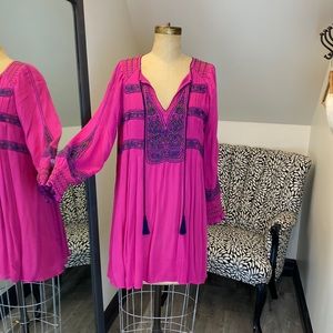 Free People RARE Babydoll Boho Dress Embroidery Magenta